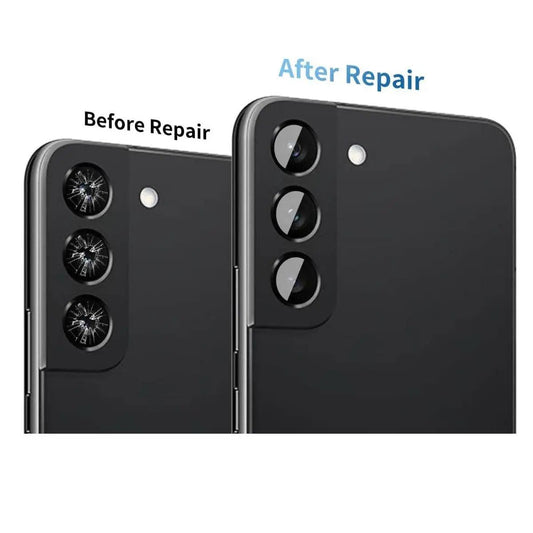 Samsung Galaxy camera lens repair service showing before and after comparison. Cracked lens replaced with a new one for a flawless finish.