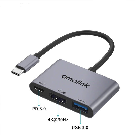 Amalink 9175D 3 in 1 Type-C to HDMI Adapter with USB 3.0 and PD 3.0 ports. Compact aluminum alloy design for high-speed data transfer and 4K display support.