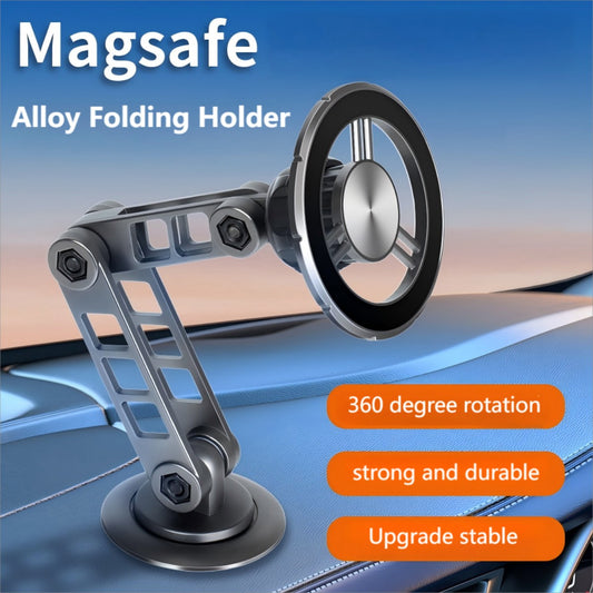 Alloy Folding Magnetic Car Phone Holder with 360-degree rotation and strong suction base for dashboard mounting in vehicles.