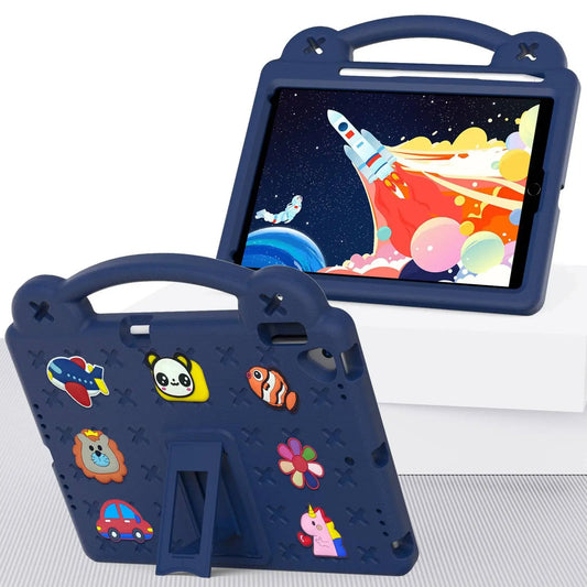 Best Handle Kids iPad Mini 6 Protective Case by Hugmie in navy blue with a sturdy handle and colorful cartoon decorations for enhanced grip and safety.