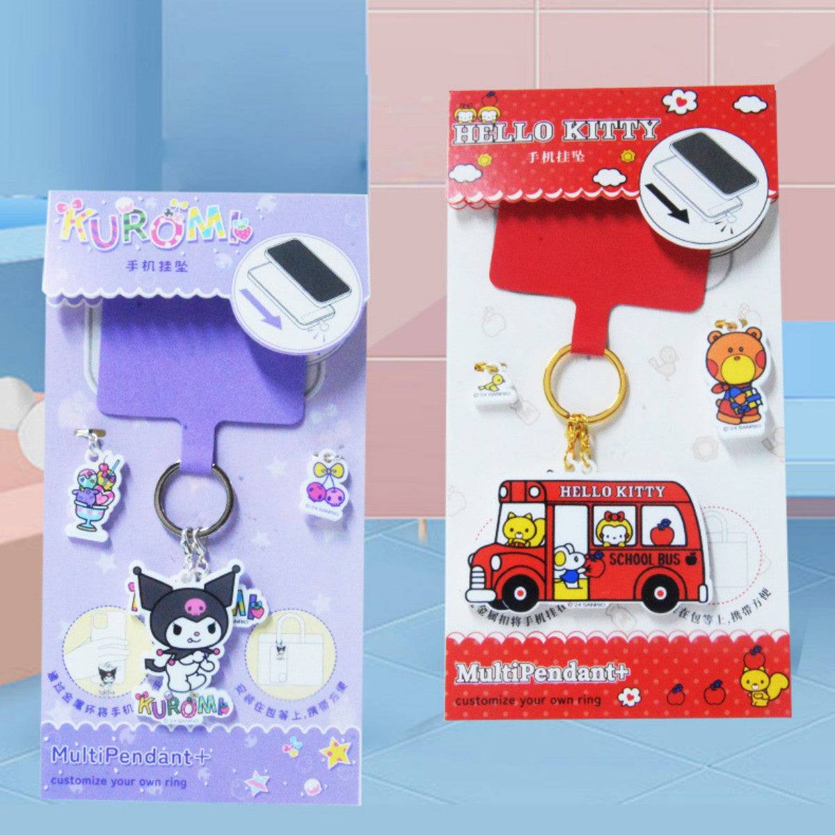 Kuromi and Hello Kitty Sanrio Characters Phone Strap Keychains side by side. Cute and functional phone accessories for added charm.