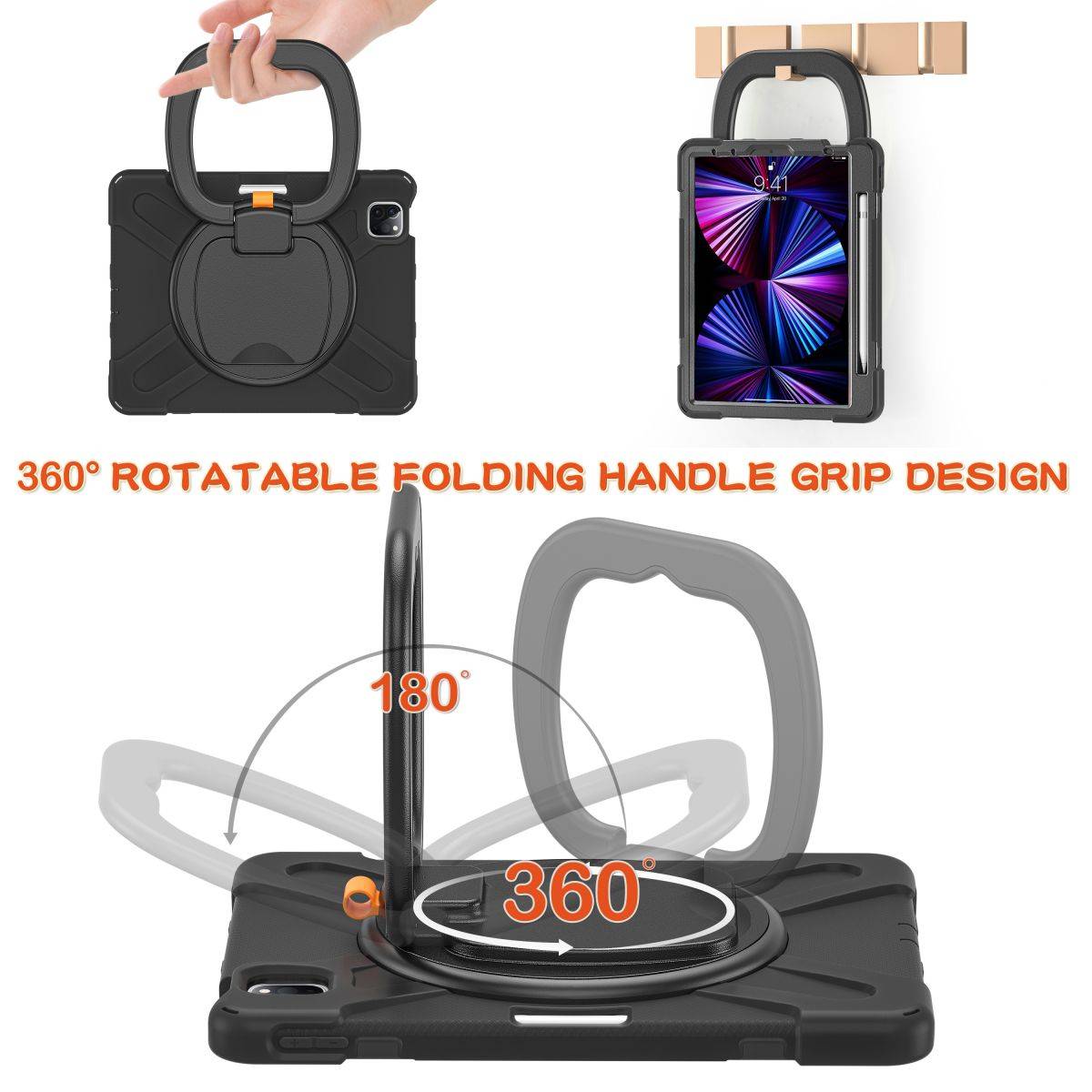 360° rotatable folding handle grip design on the Pirate Kids iPad Air Protective Case, offering flexible positioning and easy portability.