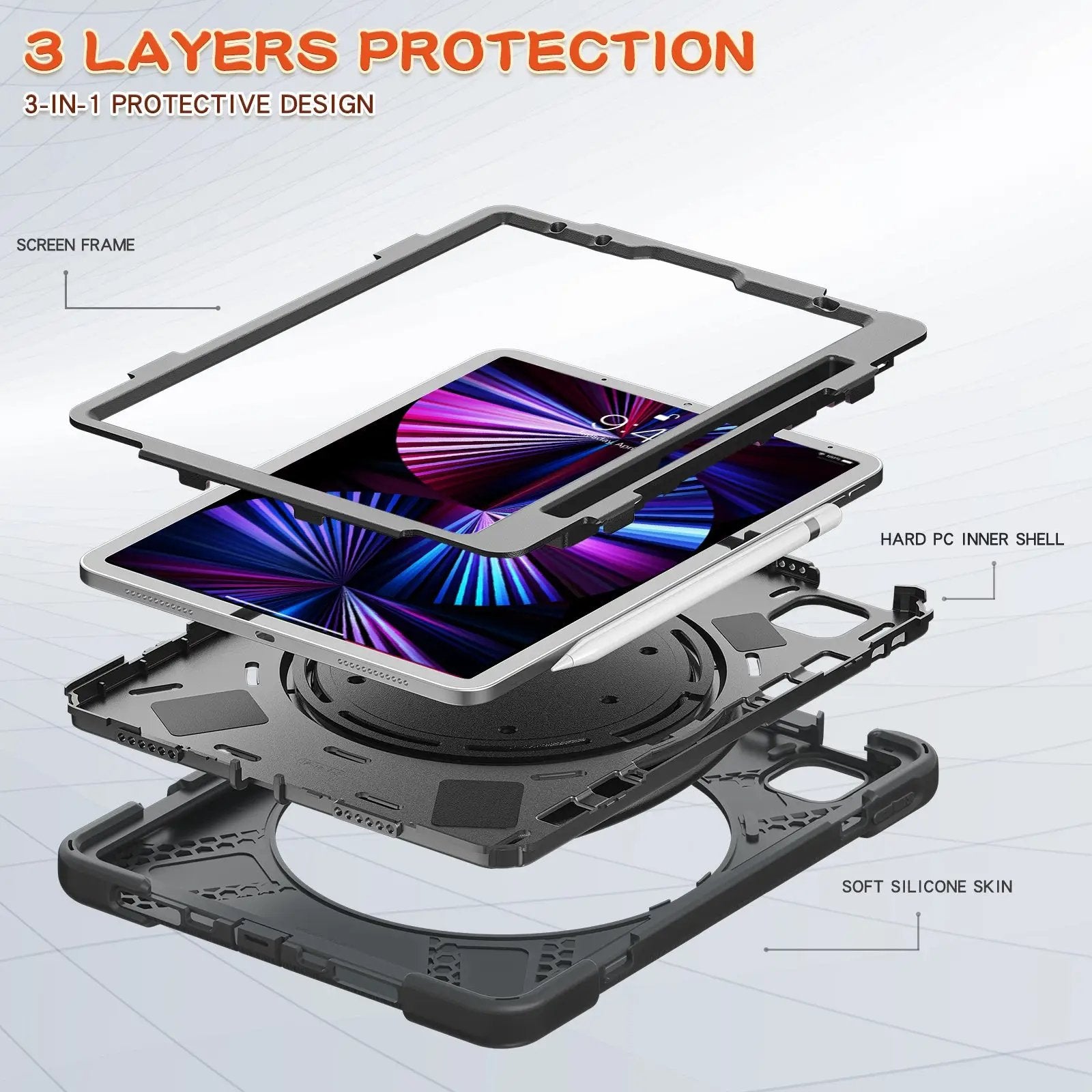 Three-layer protective design of the Pirate Kids iPad Air Protective Case, featuring a soft silicone skin, hard PC shell, and screen frame.