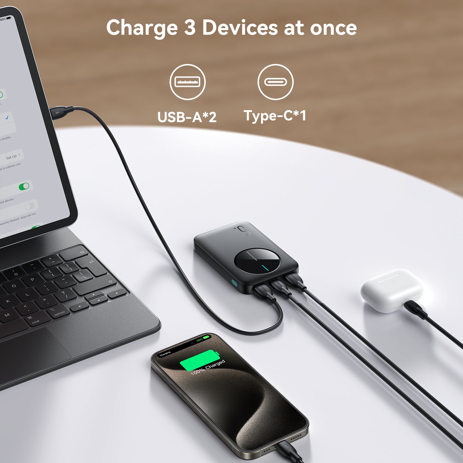 JOYROOM JR-PBF13 Mini Power Bank charging three devices simultaneously via USB-A and Type-C ports, ideal for multitasking users.