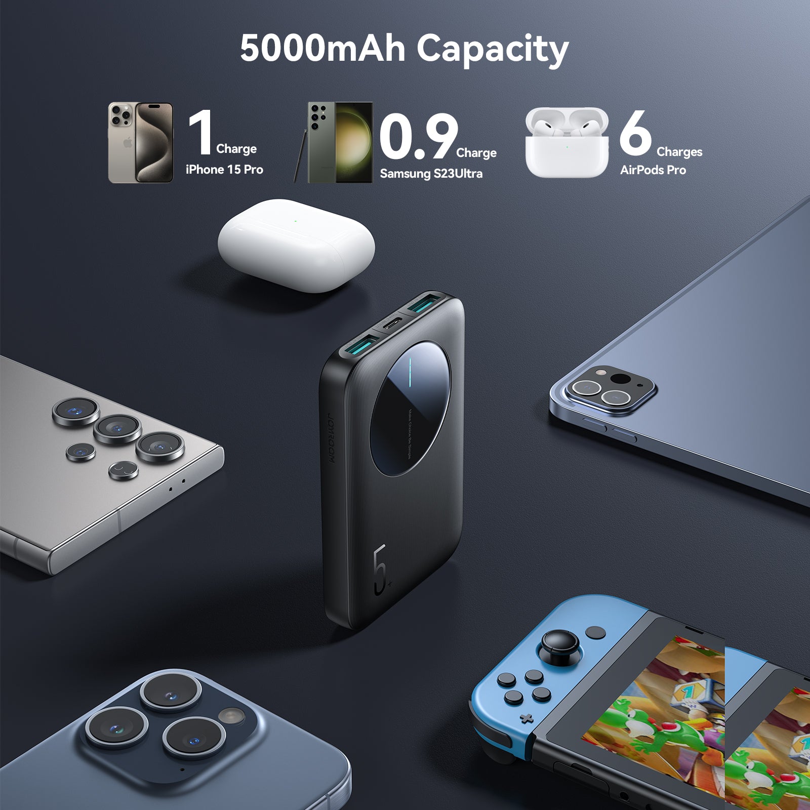 JOYROOM JR-PBF13 Mini 5000mAh Power Bank charging iPhone, Samsung, and AirPods with visual indicators of charge capacity per device.