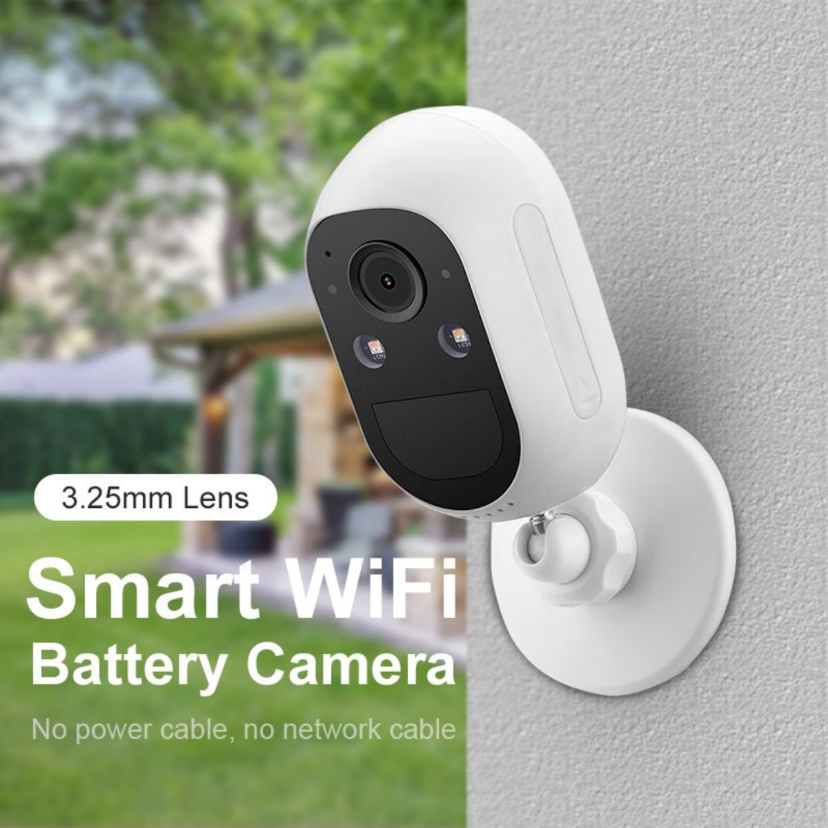 Smart WiFi battery camera with a 3.25mm lens, no power or network cable required. Ideal for home security with remote access and motion alerts.