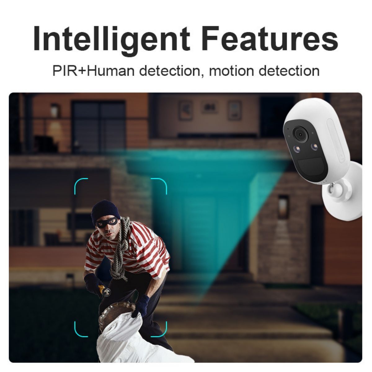 LP001 Security Camera with PIR and human motion detection. Captures intruders with intelligent alerts and HD video recording for home safety.