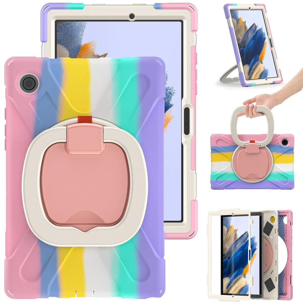 Durable Samsung Tablet A8 X200 Protective Case for kids, featuring a vibrant multi-color design, sturdy handle, and kickstand for versatile positioning.