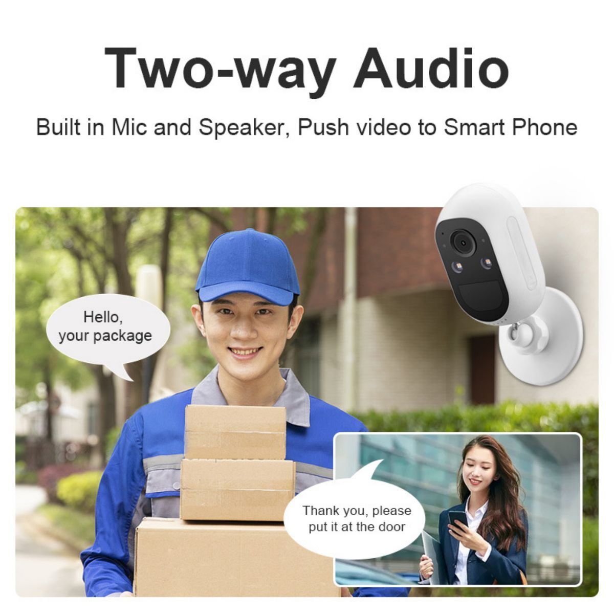 Two-way audio feature of LP001 Security Camera with built-in mic and speaker. Enables real-time communication via smartphone for enhanced security.