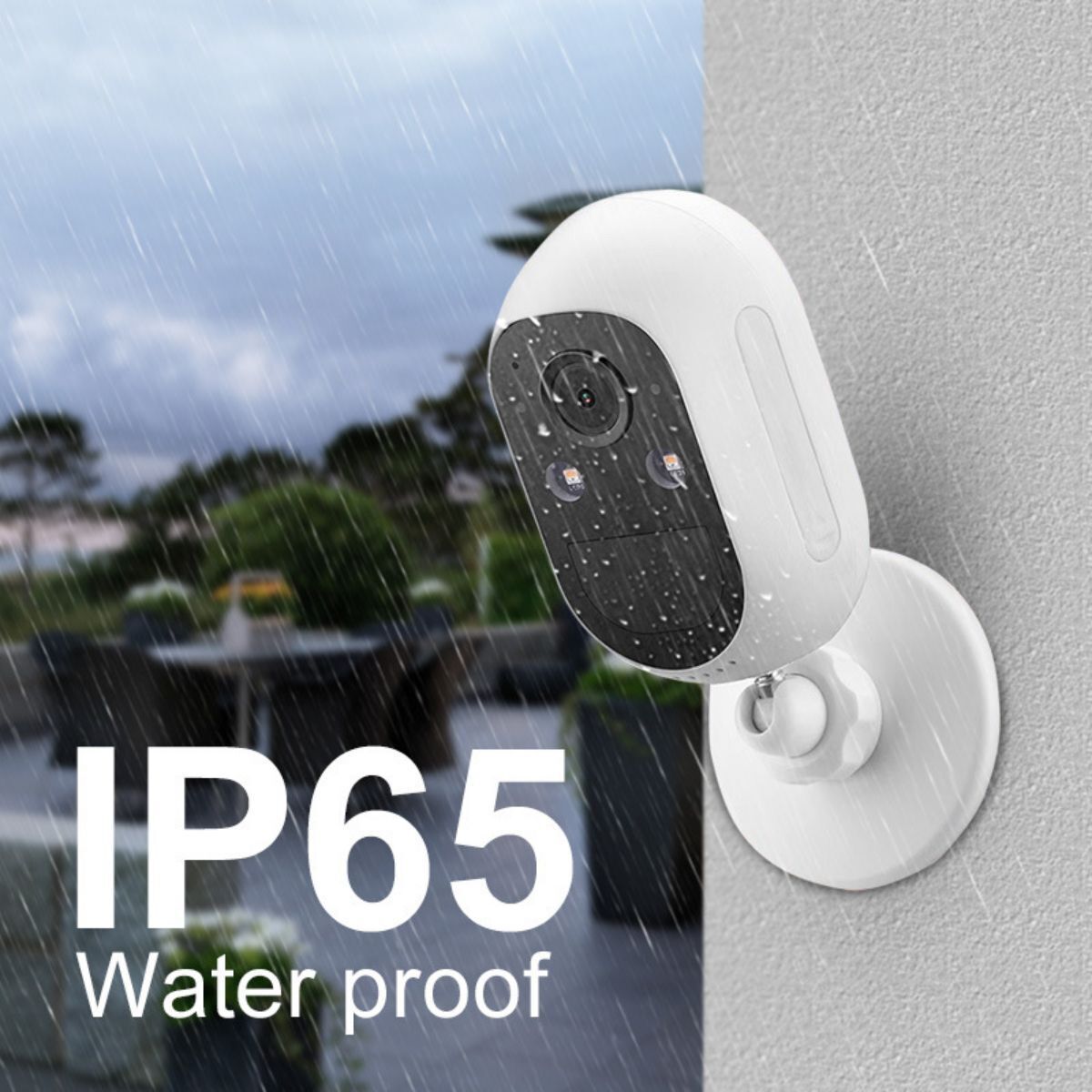 IP65 waterproof wireless security camera, designed for outdoor use. Resistant to rain and harsh weather conditions for reliable surveillance.