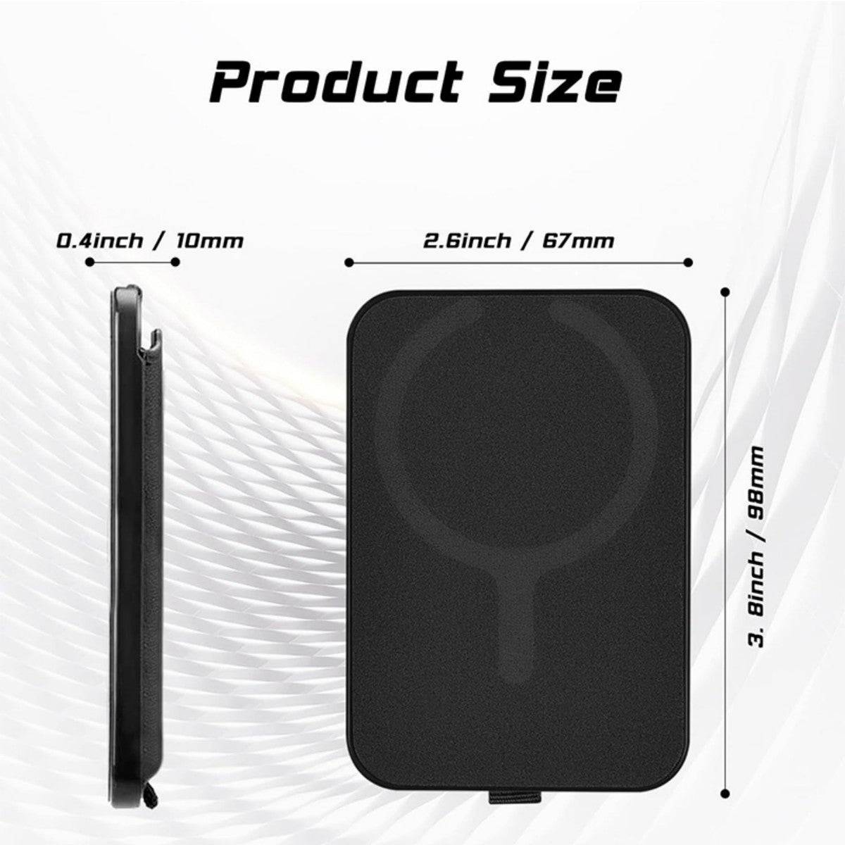 Product size dimensions of the leather magnetic wallet stand, highlighting its slim and compact design. Perfect for secure smartphone attachment.