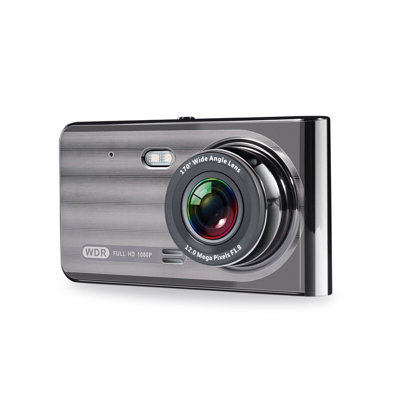 T719TP Car Dash Cam Front and Rear 1080P HD with wide-angle lens and WDR technology for clear recording. Compact design with a sleek metallic finish.