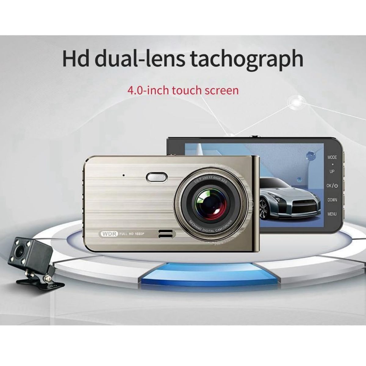 T719TP Car Dash Cam with HD dual-lens and 4.0-inch touchscreen. Provides front and rear 1080P recording for comprehensive road coverage.