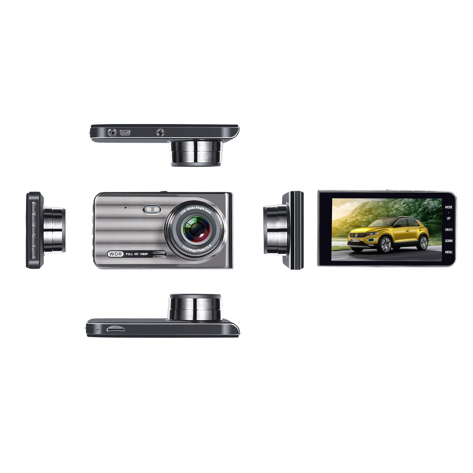 T719TP Car Dash Cam shown from multiple angles, highlighting its slim design, large lens, and touchscreen display for easy operation.