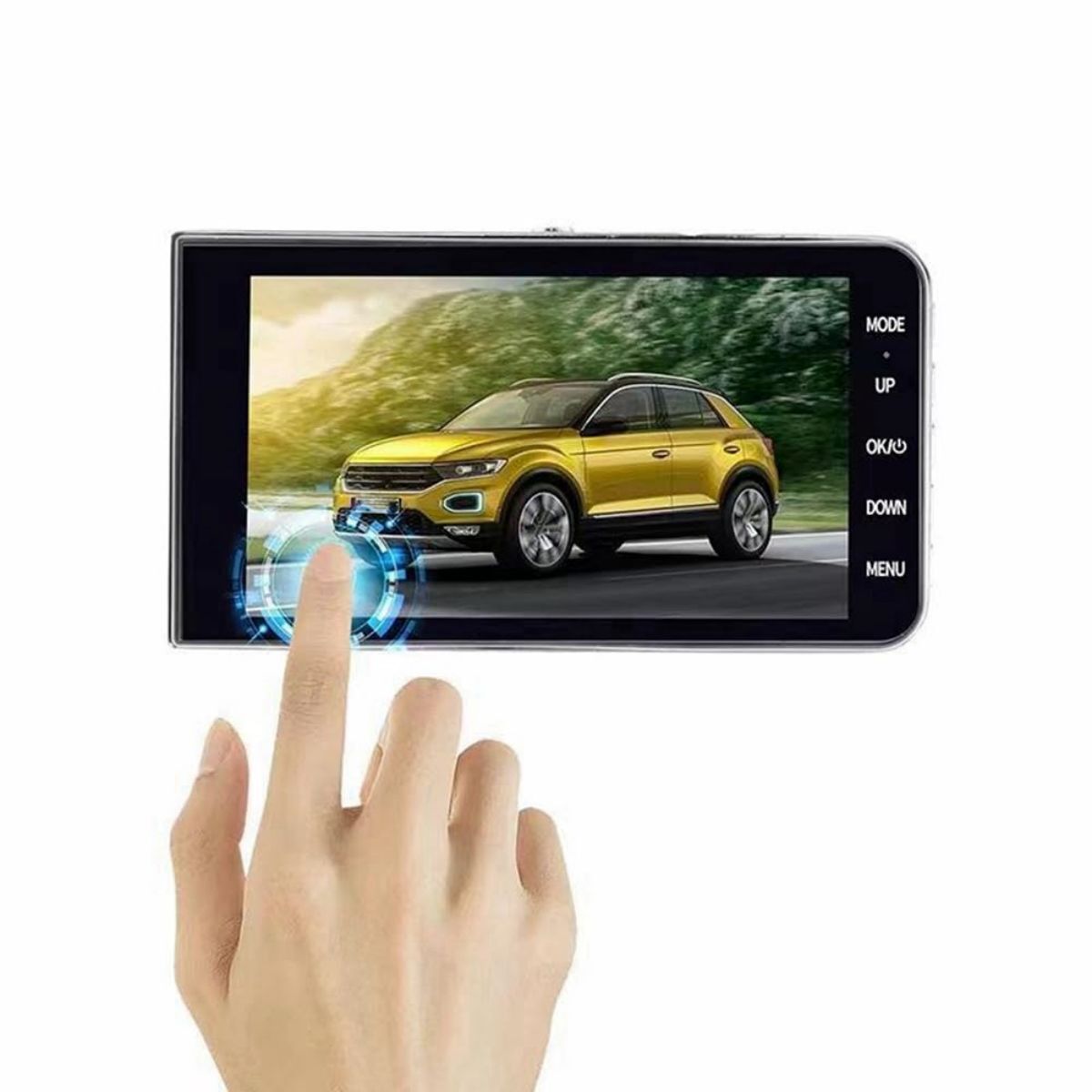 T719TP Car Dash Cam touchscreen interface with a user interacting. Features intuitive controls for seamless operation while driving.