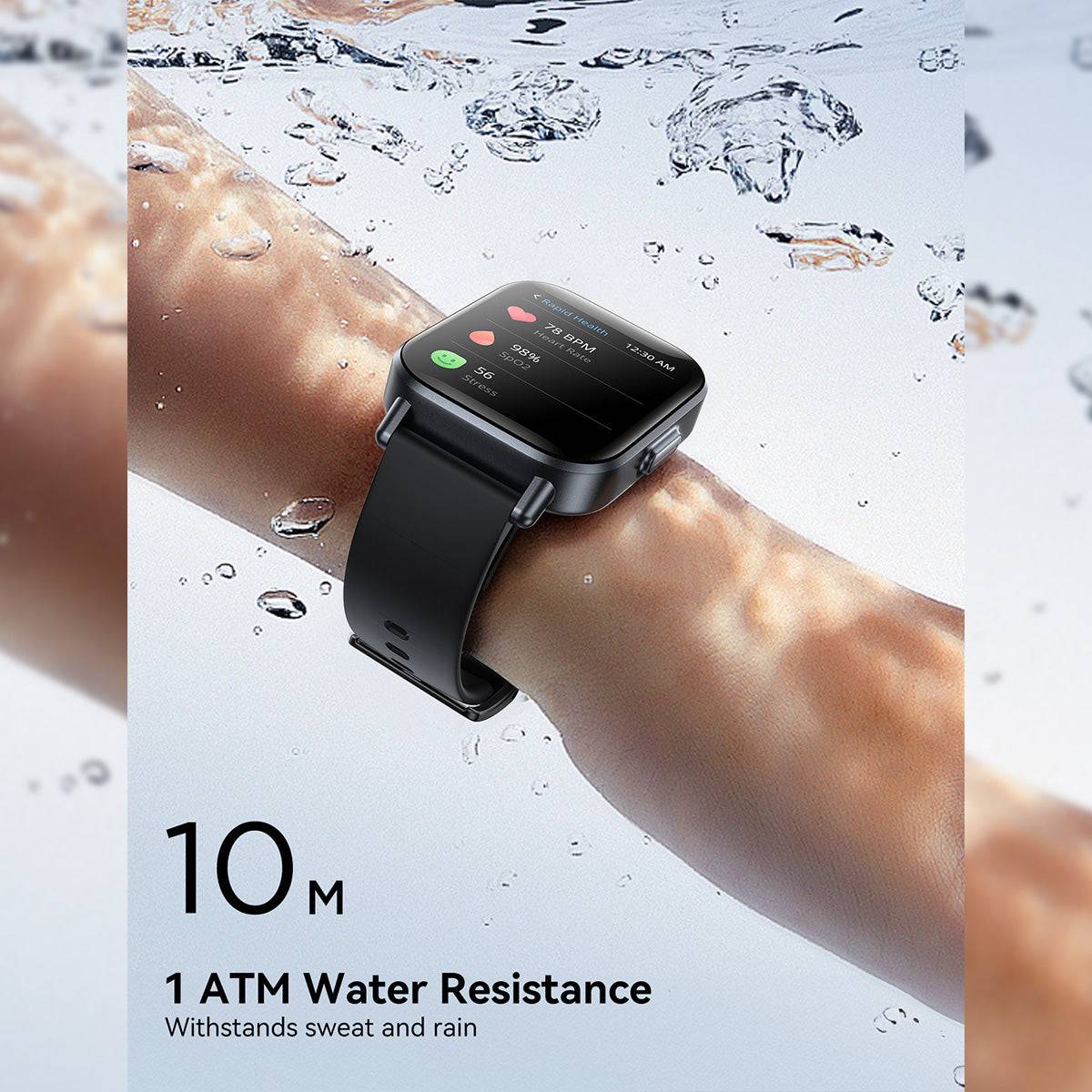JOYROOM JR-FT3S Smart Watch submerged in water, demonstrating its 1 ATM water resistance. Designed to withstand sweat and rain.