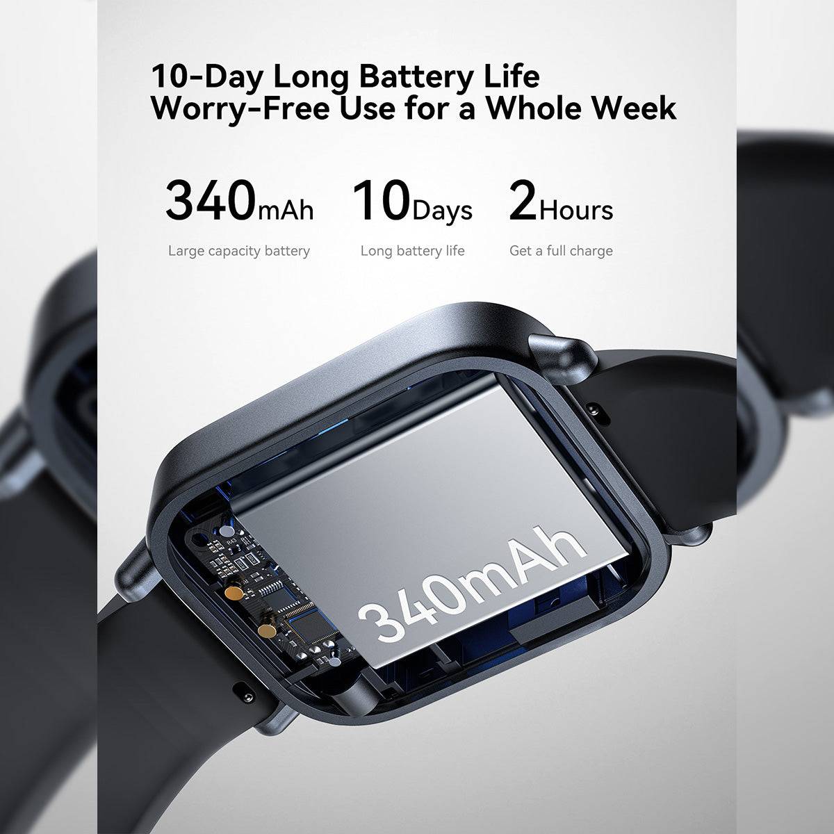 JOYROOM JR-FT3S Smart Watch with a 340mAh battery, offering 10-day battery life. Ensures long-lasting performance with a 2-hour full charge.