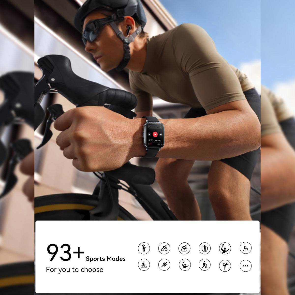 Cyclist wearing the JOYROOM JR-FT3S Smart Watch, utilizing its 93+ sports modes. Ideal for tracking workouts and fitness activities.