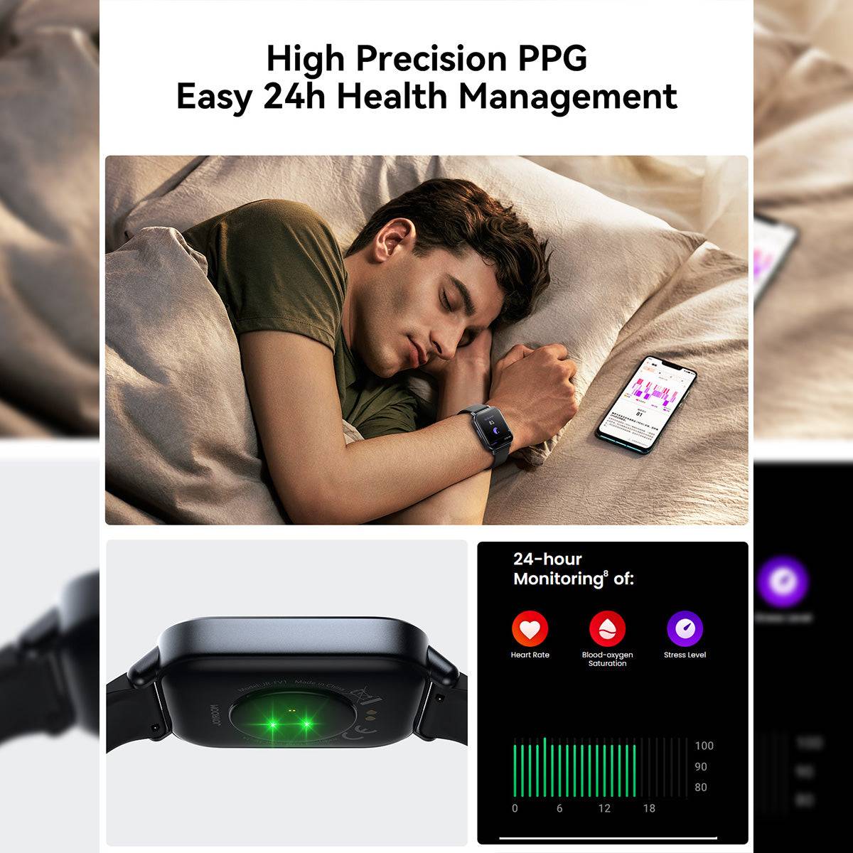 User sleeping while wearing the JOYROOM JR-FT3S Smart Watch. Features 24-hour health monitoring, including heart rate and stress levels.