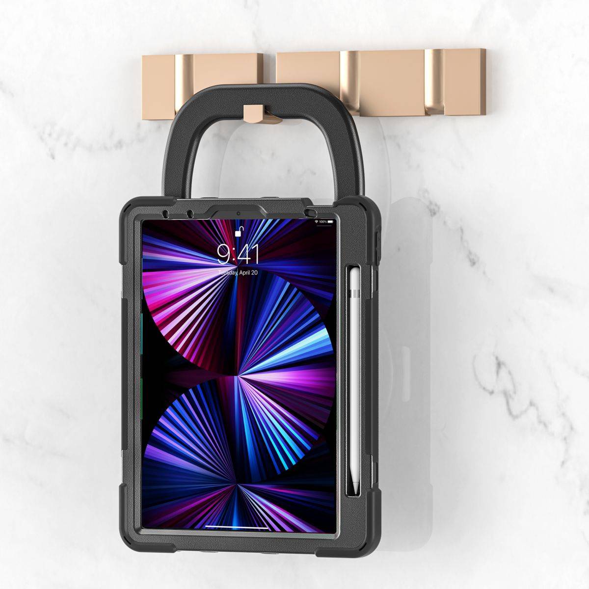 Wall-mounted option for the Pirate Kids iPad Air Protective Case, showcasing its versatile handle for hanging and hands-free use.