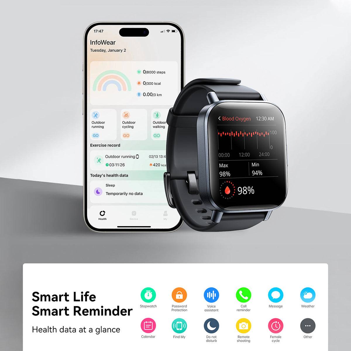 JOYROOM JR-FT3S Smart Watch connected to a smartphone displaying health data. Offers smart reminders and real-time fitness tracking.