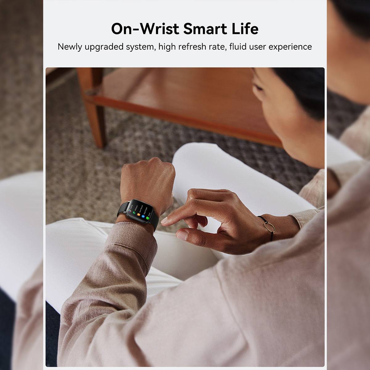 User interacting with the JOYROOM JR-FT3S Smart Watch. Features a high-refresh-rate display for a smooth and responsive experience.