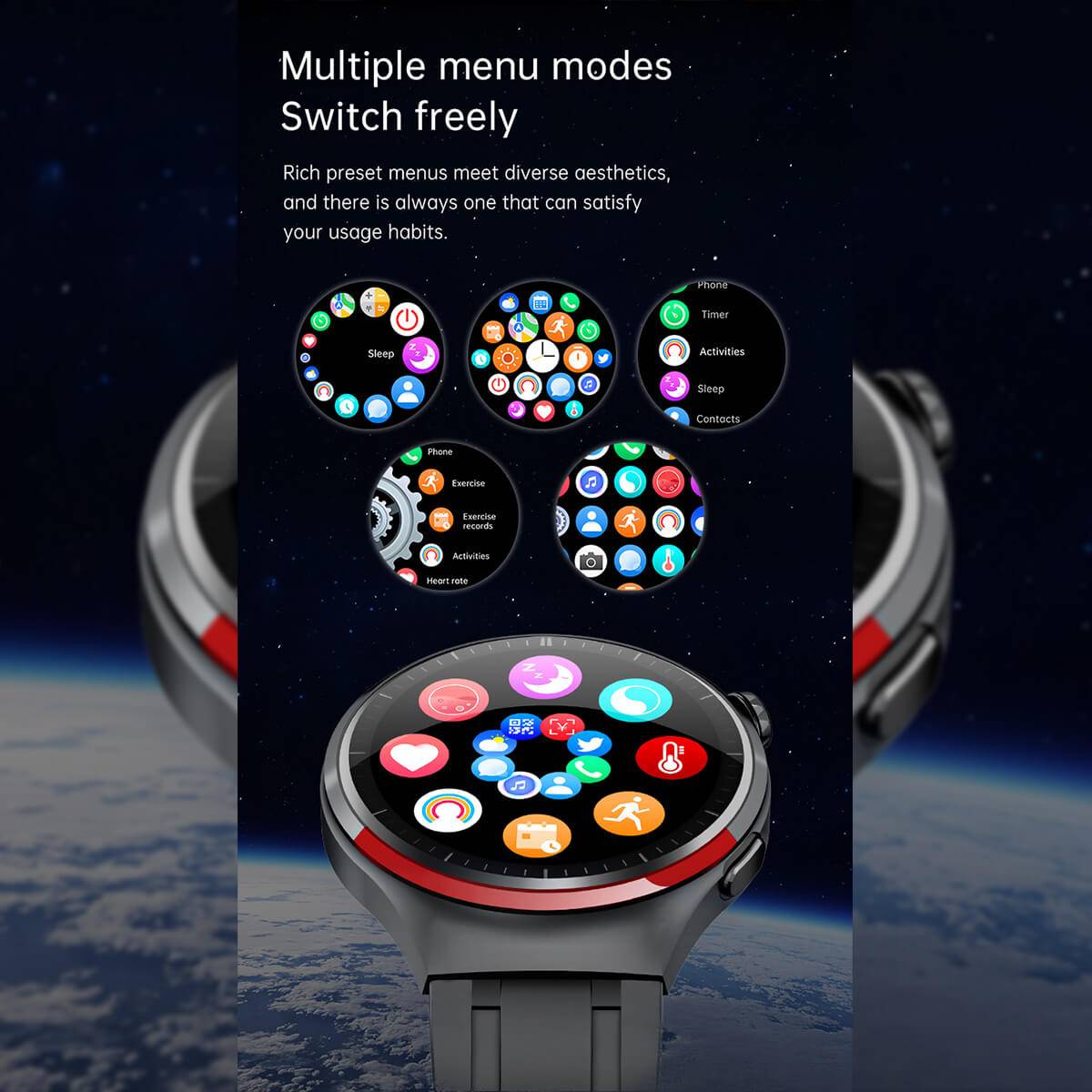 JS Watch 4 Pro+ with multiple menu modes, customizable interface, and various smart features for convenience.