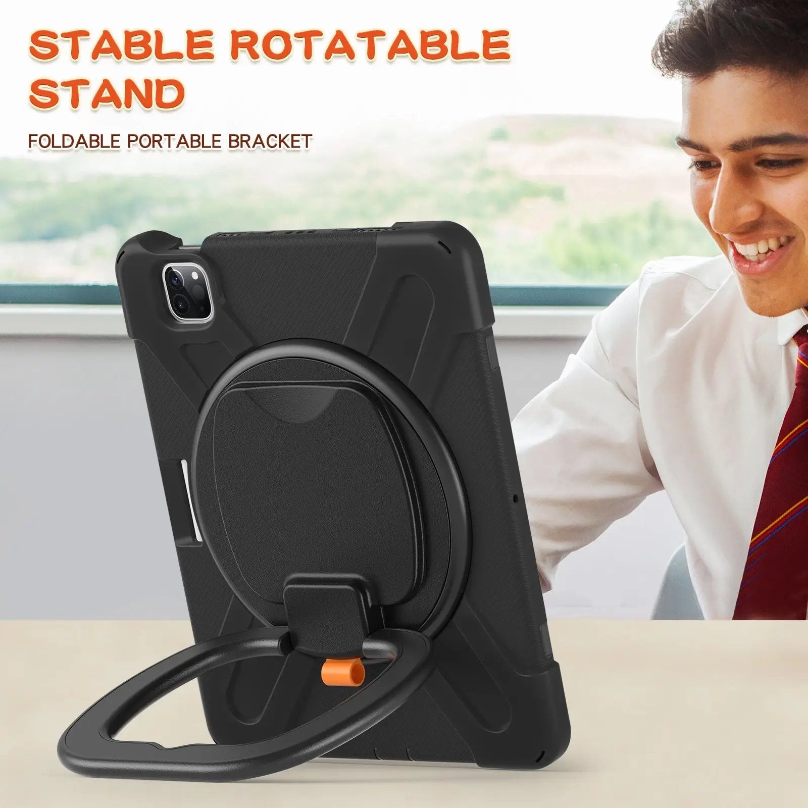 Stable rotatable stand on the Pirate Kids iPad Air Protective Case, providing a foldable bracket for hands-free viewing and typing.