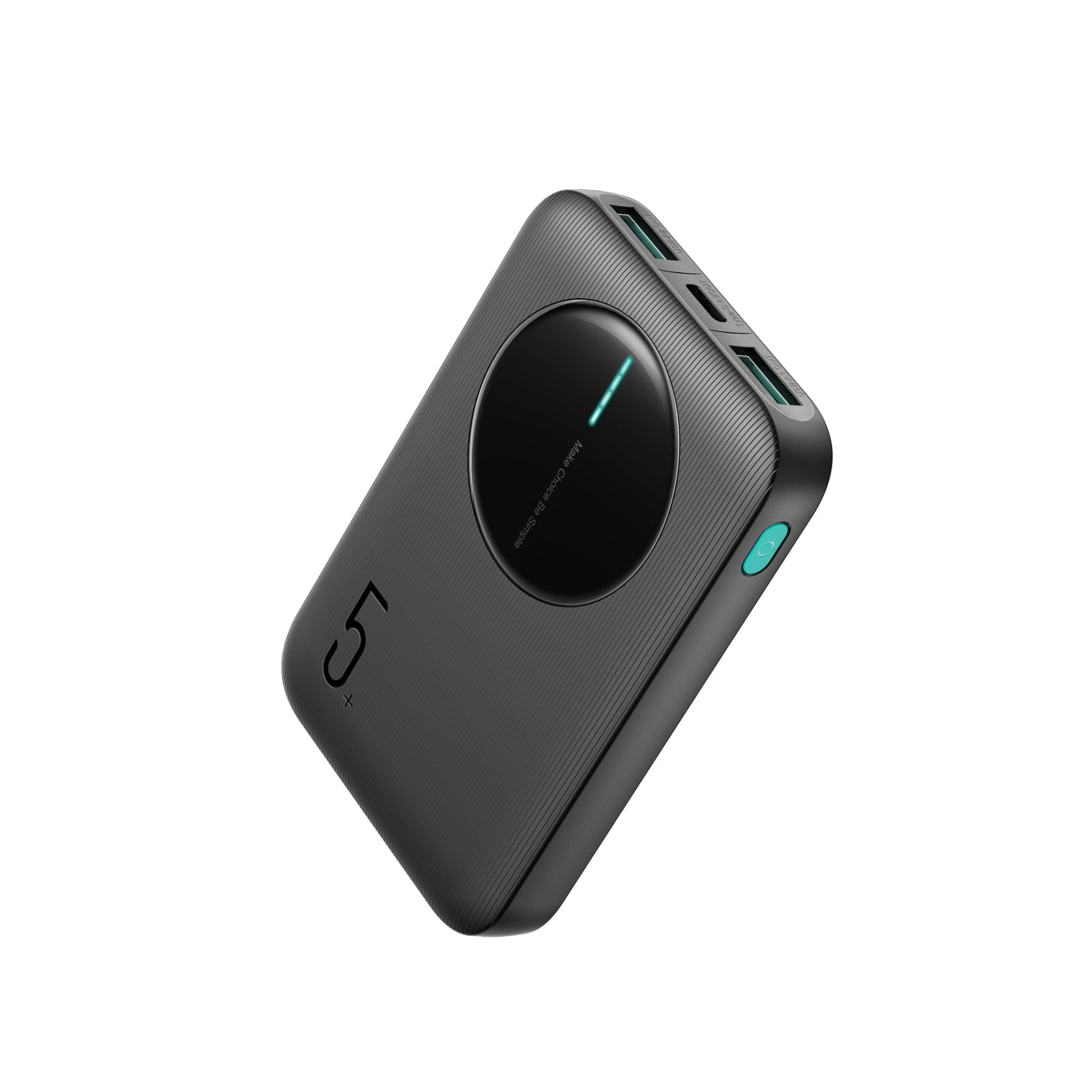 JOYROOM JR-PBF13 Mini 2.4A LED Power Bank 5000mAh with dual USB-A and Type-C ports in a sleek black design for portable charging.