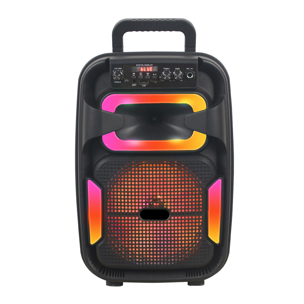 KBQ-2421 Outdoor Bluetooth Karaoke Speaker with Mic featuring vibrant LED lights, a sturdy handle, and a digital display for seamless audio control.