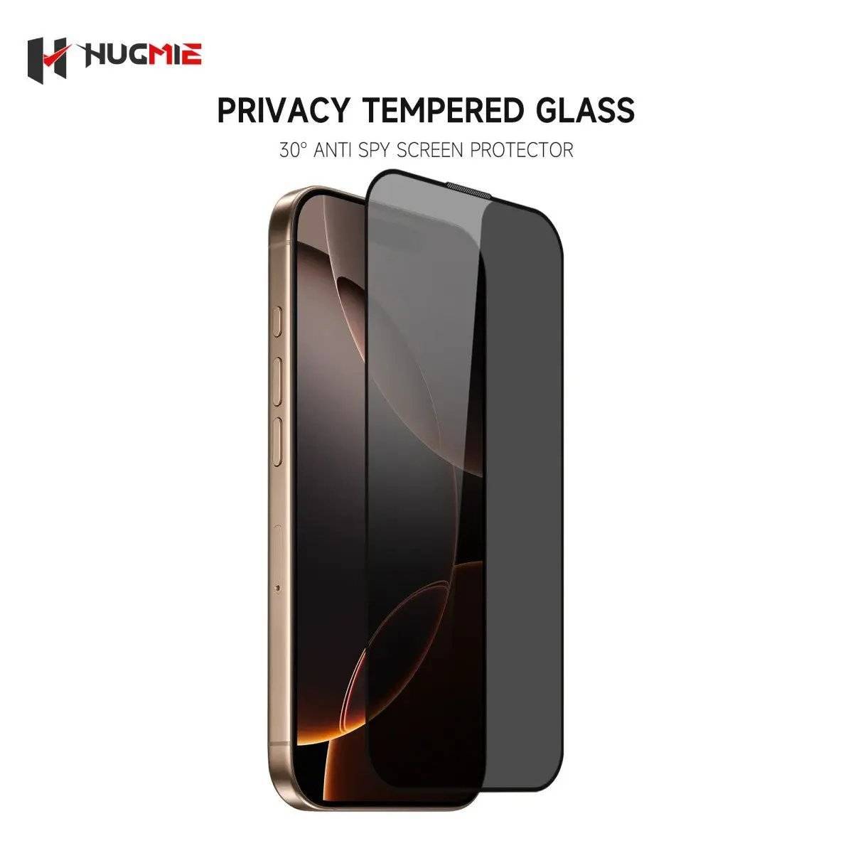 Hugmie Privacy Tempered Glass Screen Protector for iPhone with 30-degree anti-spy viewing angle for enhanced privacy and screen protection.