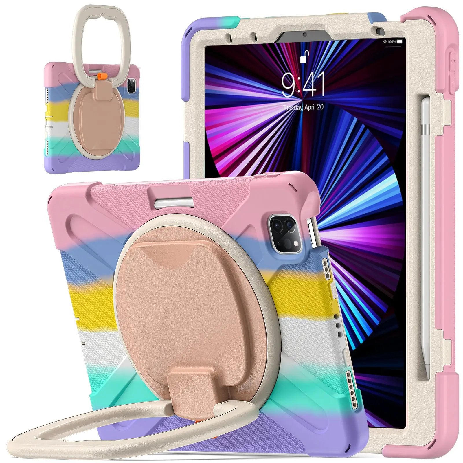 Pirate Kids iPad Air Protective Case for iPad Air 4/5 with a colorful design, 360° rotatable handle, and built-in stand for hands-free use.