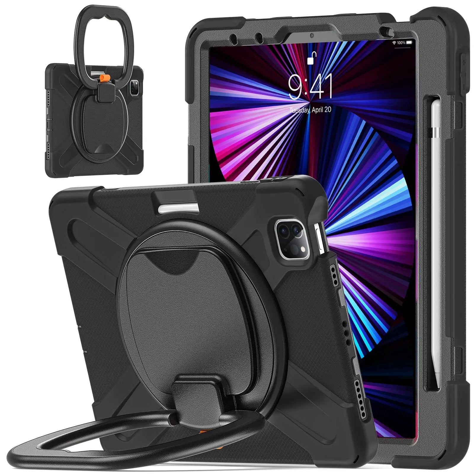 Black rugged Pirate Kids iPad Air Protective Case with a sturdy handle, built-in stand, and Apple Pencil holder for iPad Air 4/5.