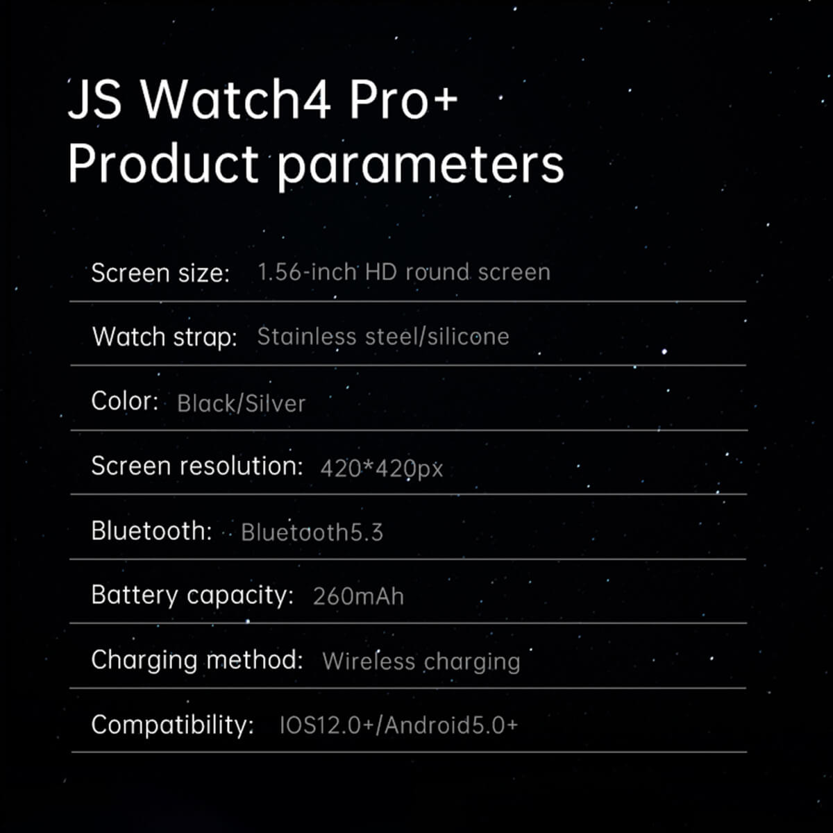 JS Watch 4 Pro+ product specifications, including screen size, battery capacity, Bluetooth, and compatibility.