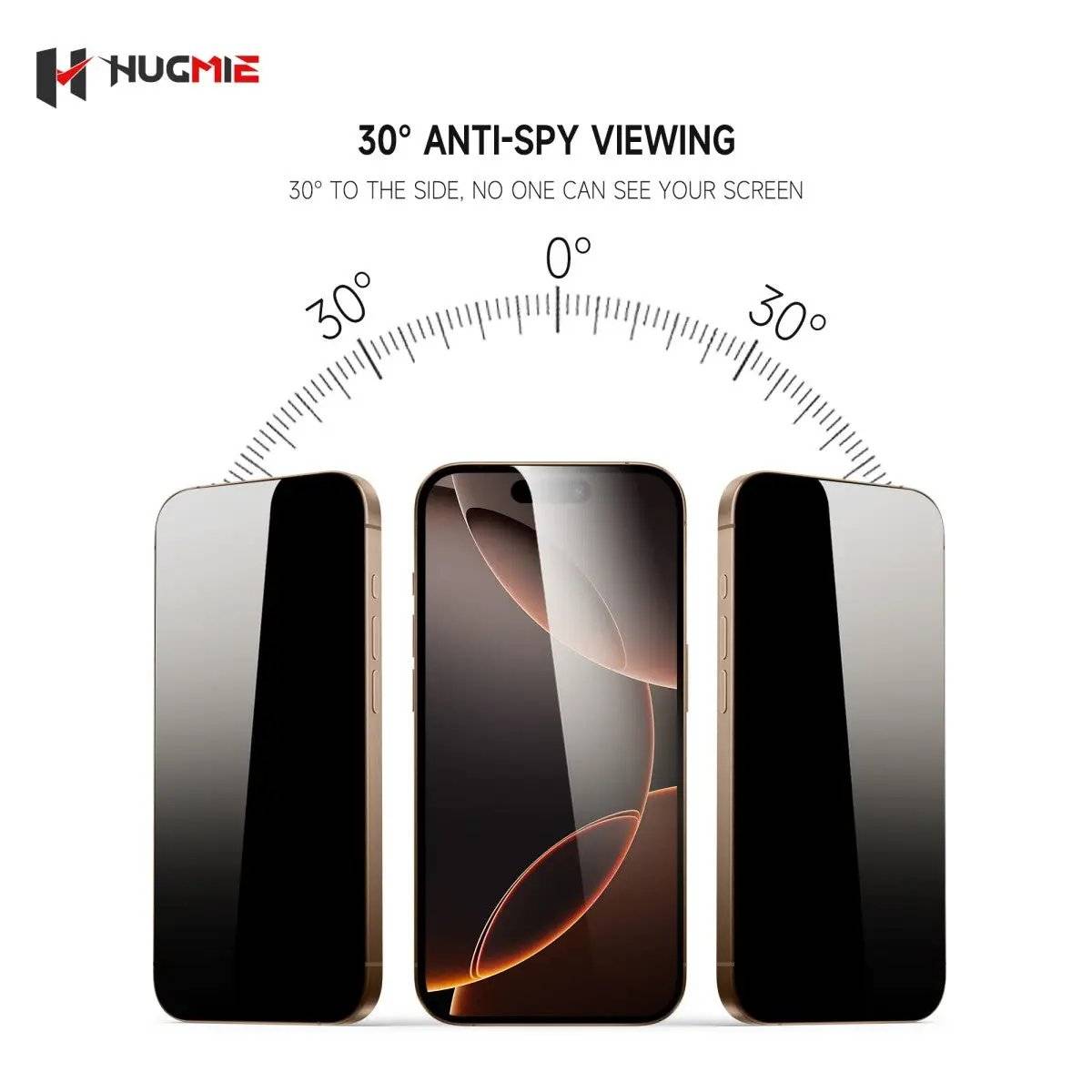 Hugmie iPhone Privacy Screen Protector with 30-degree anti-spy viewing angle, preventing side views while maintaining clear front display.