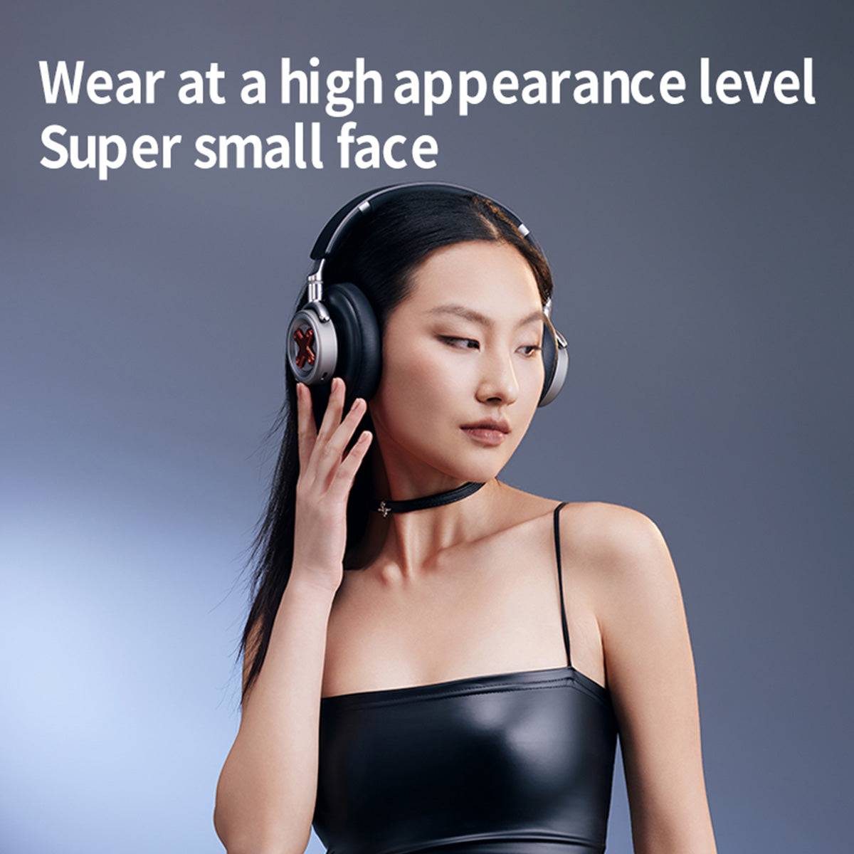 Model wearing DMOOSTER D19 ANC Bluetooth Headphones, showcasing stylish design and comfortable fit for an enhanced listening experience.