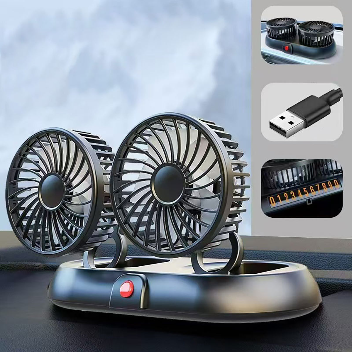 USB Powered Cooling Fan for Car | Hugmie features dual adjustable fan heads with a dashboard mount and USB plug for efficient in-car cooling.
