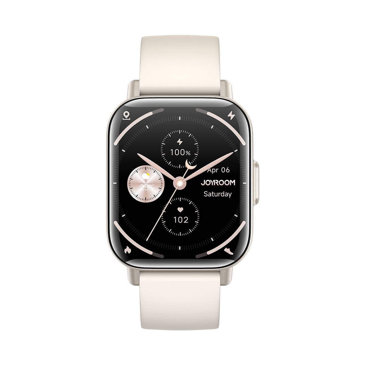 Front view of the white JOYROOM JR-FT3S Smart Watch with an analog-style digital display. Tracks steps, heart rate, and calories burned.