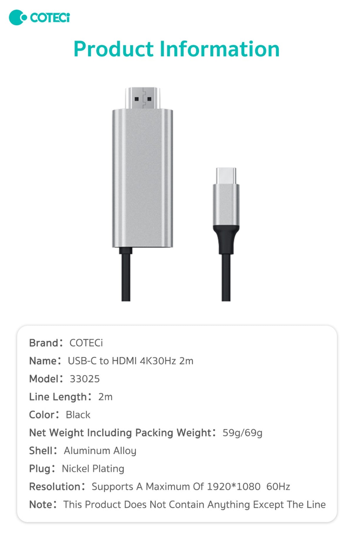 COTECi 33025 USB-C to HDMI 4K30Hz 2m