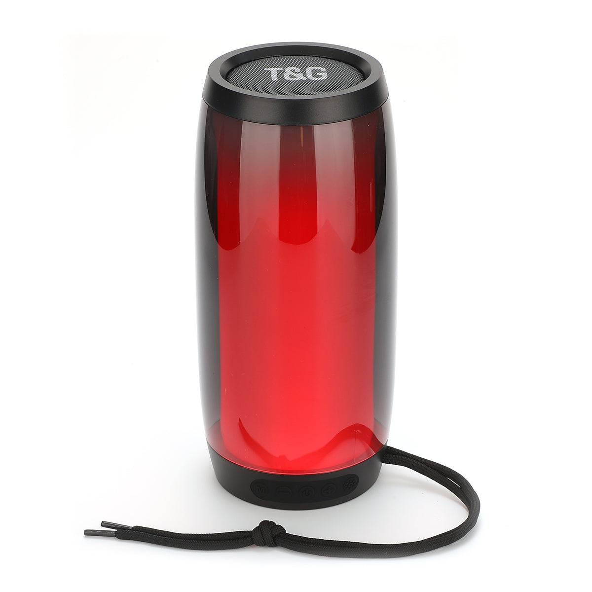 T&G TG335 1800mAh Portable Bluetooth Speaker with LED Light in red, featuring a sleek cylindrical design and wrist strap for easy carrying.