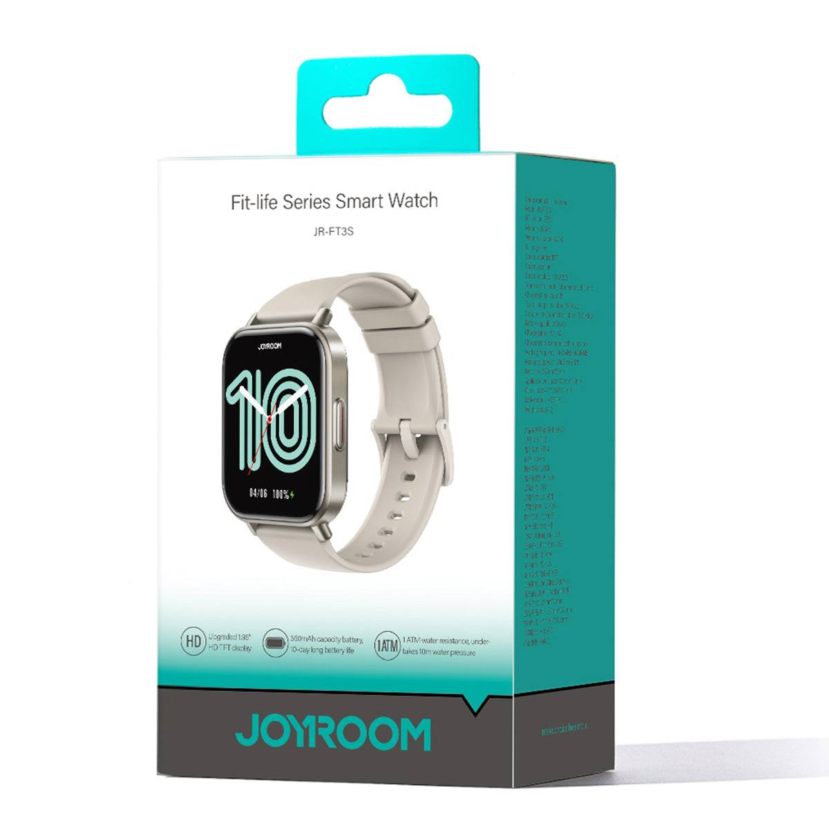 JOYROOM JR-FT3S Smart Watch packaging in white and blue. Highlights HD display, long battery life, and water resistance for daily use.