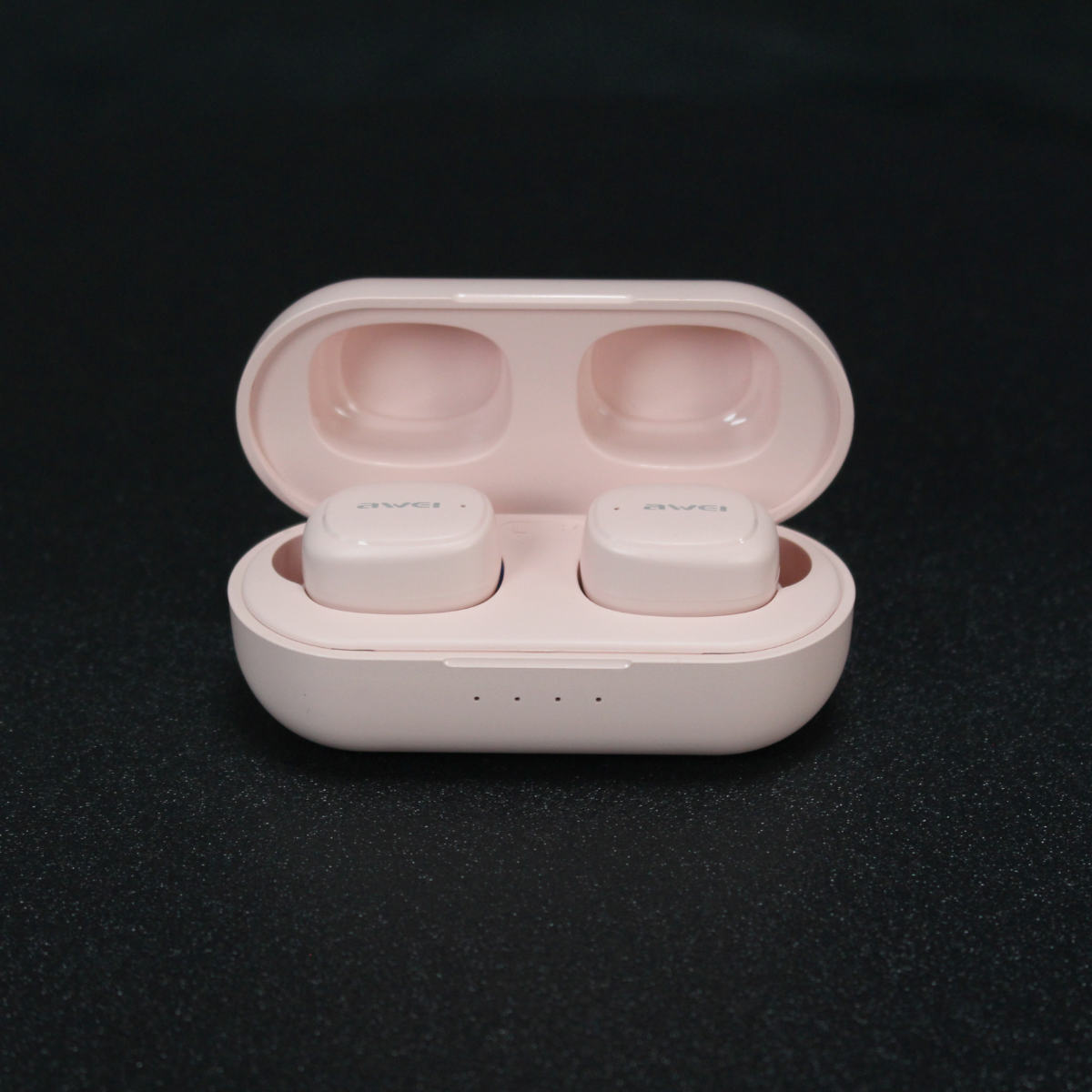 AWEI T13 Pro Earbuds in pink with charging case on a black surface. Compact and stylish design with LED indicators for battery status.