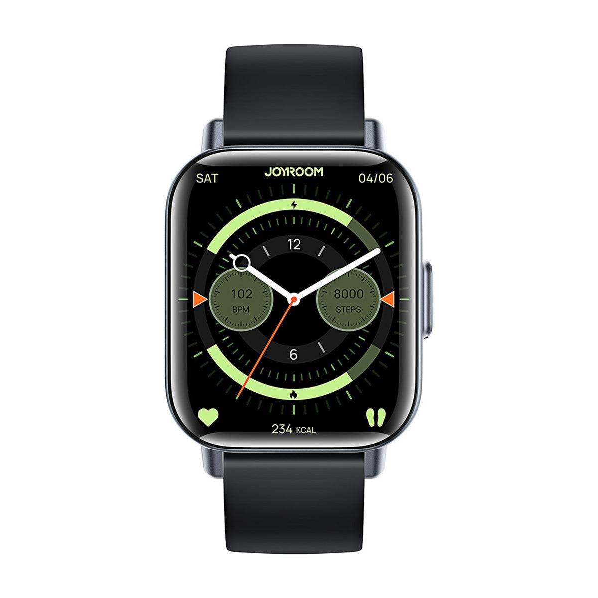 Front view of the JOYROOM JR-FT3S Smart Watch with an analog-style digital display. Features step tracking, heart rate monitoring, and calorie count.