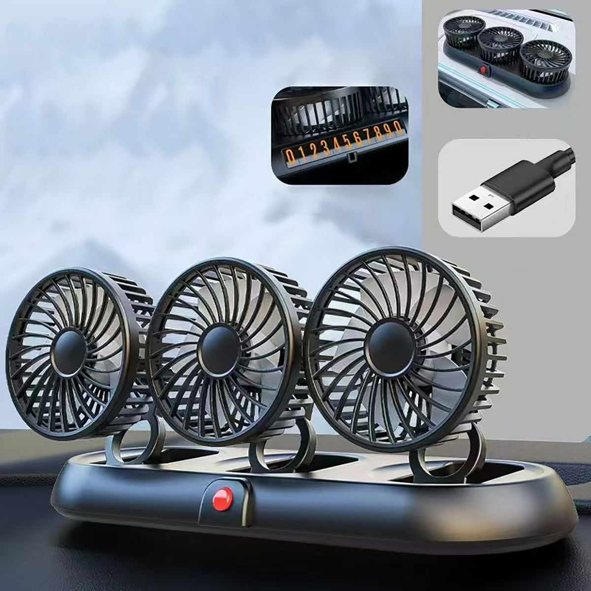 Triple head USB Powered Cooling Fan for Car | Hugmie offers enhanced airflow with USB connectivity and dashboard installation for vehicle comfort.