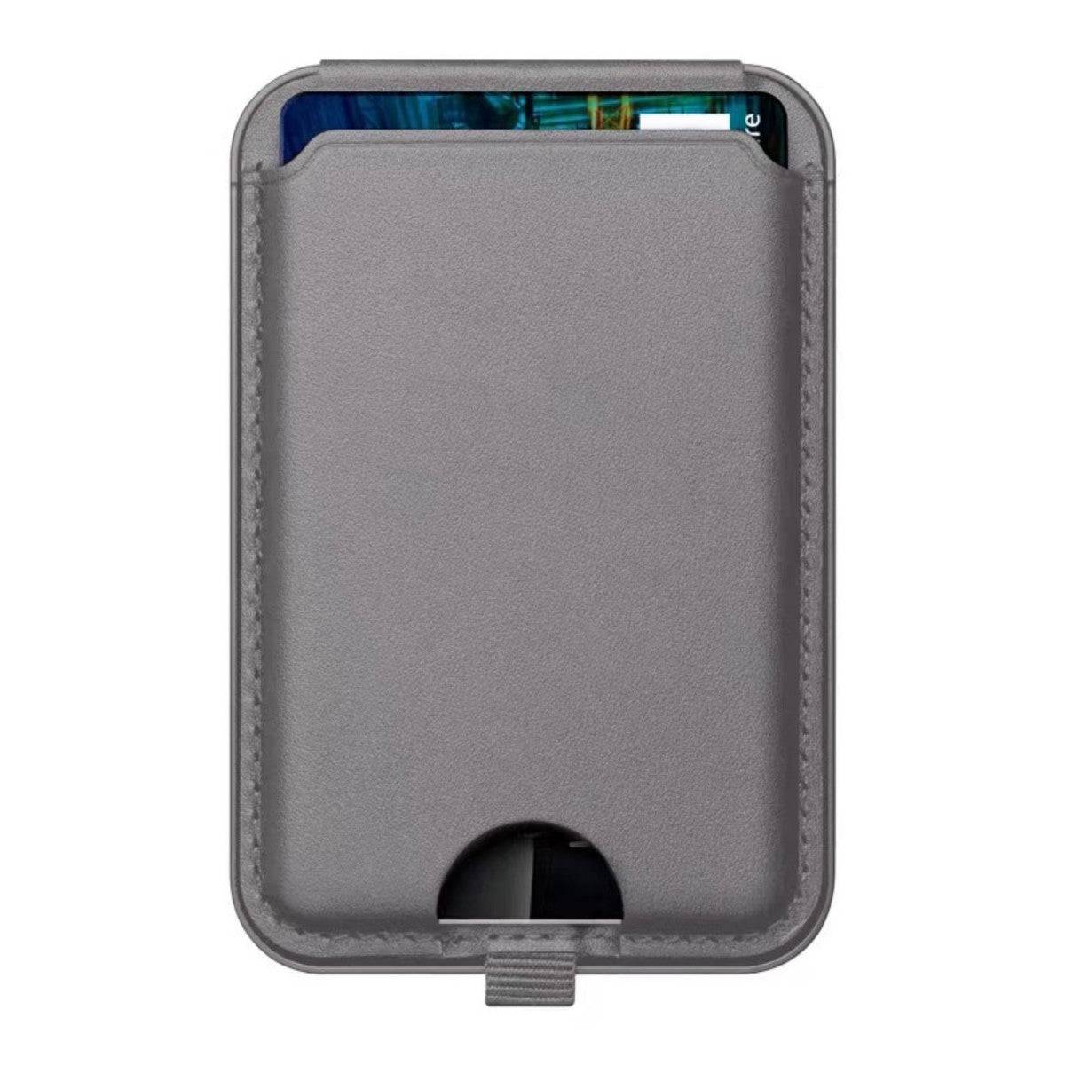 Gray leather magnetic wallet stand with a cardholder slot, offering a sleek and secure design for smartphone users. Ideal for convenience and style.