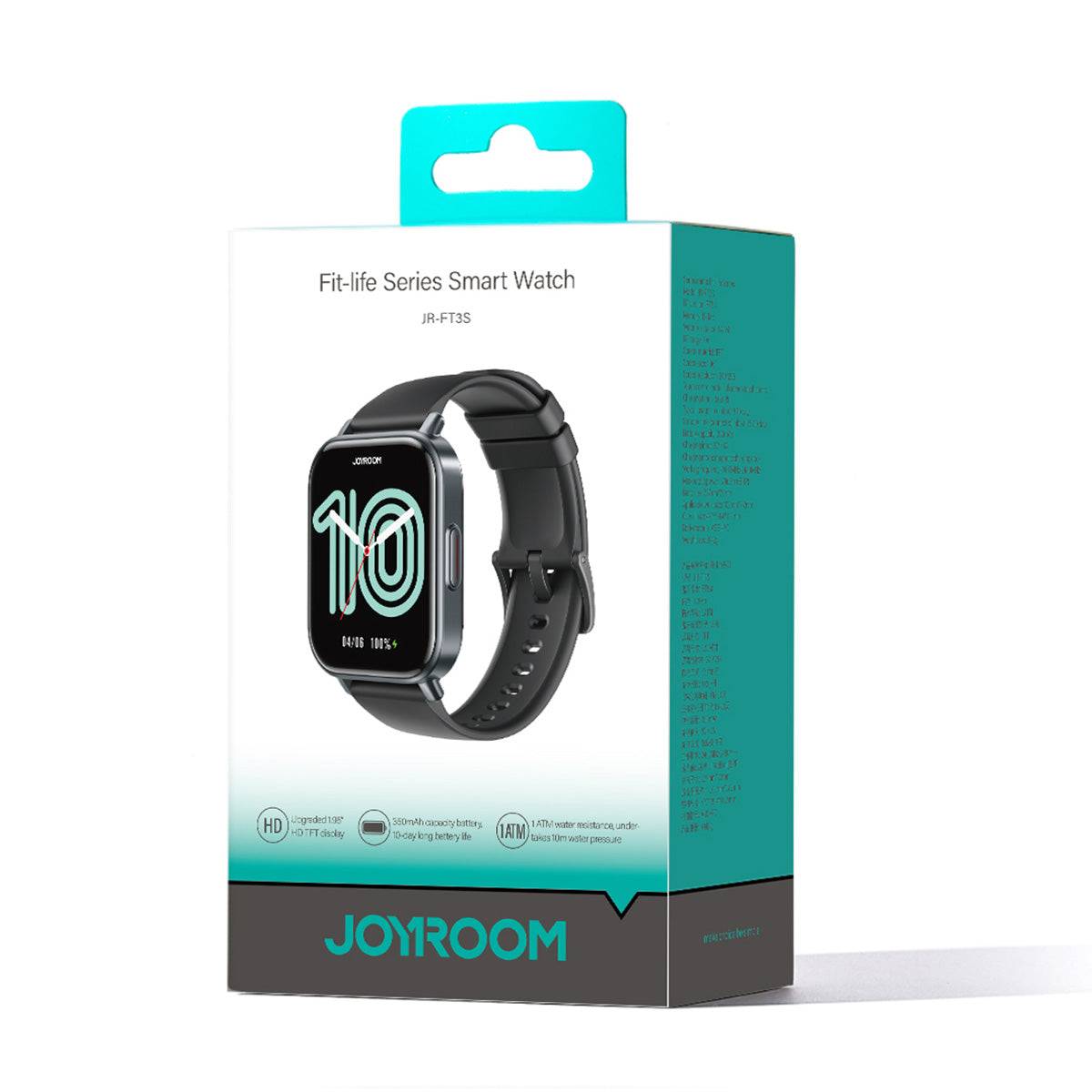 JOYROOM JR-FT3S Smart Watch packaging in a stylish blue and white box. Highlights HD display, long battery life, and water resistance.