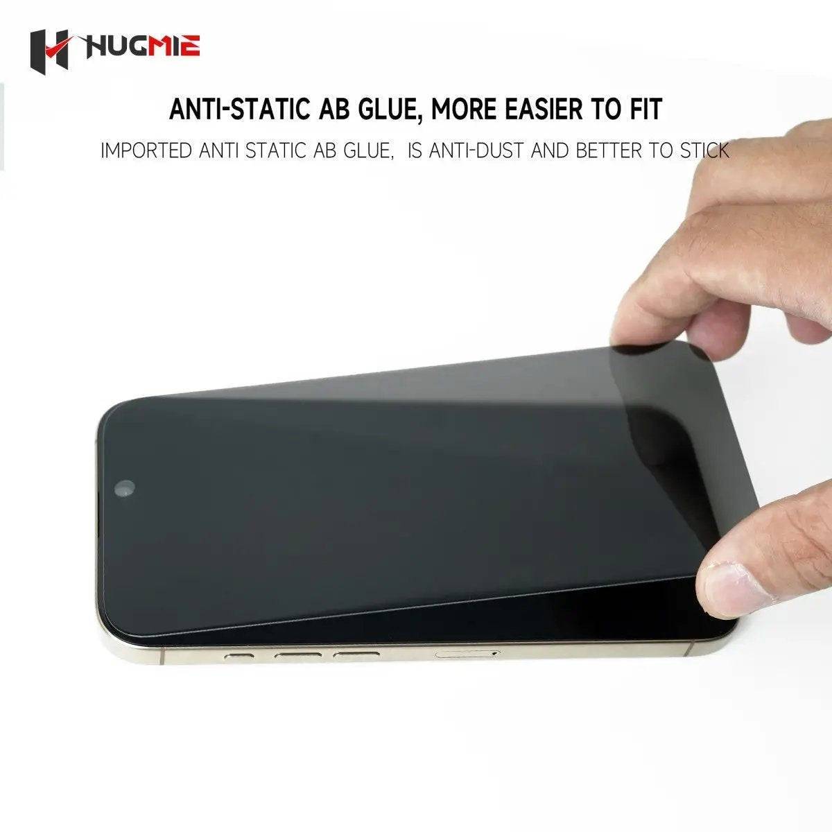 Hugmie Privacy Screen Protector with anti-static AB glue for easy installation, dust resistance, and better adhesion to the iPhone screen.