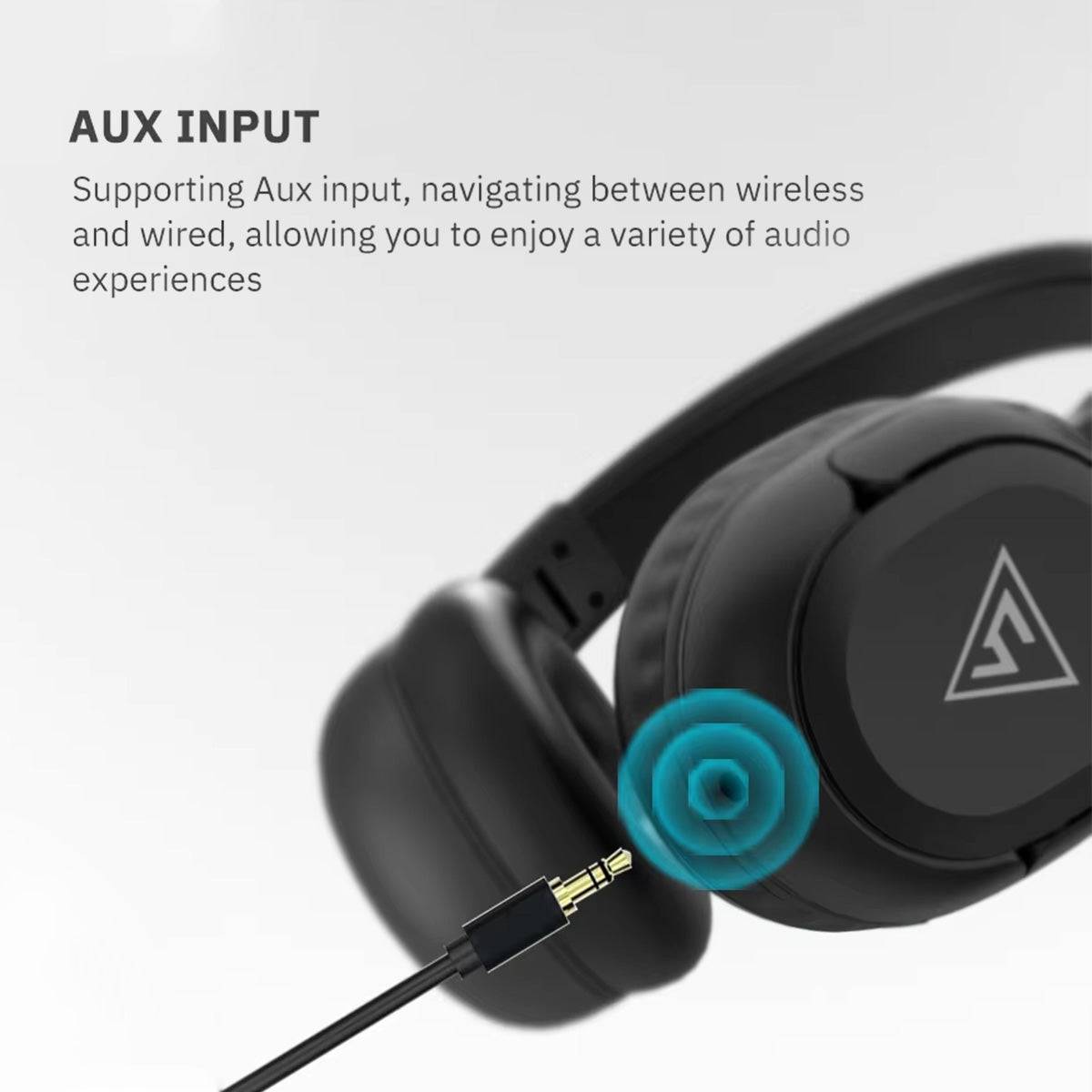 DOQAUS APEX5 Wireless Headphones with AUX input cable, supporting both wired and wireless audio for versatile listening options.
