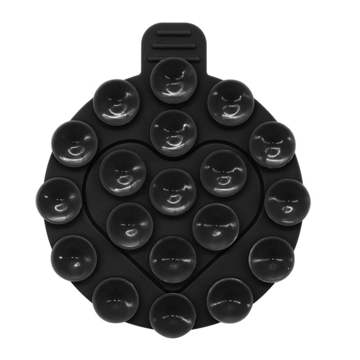 Black heart-shaped silicone suction cup phone holder with reusable and strong adhesion for hands-free phone use.