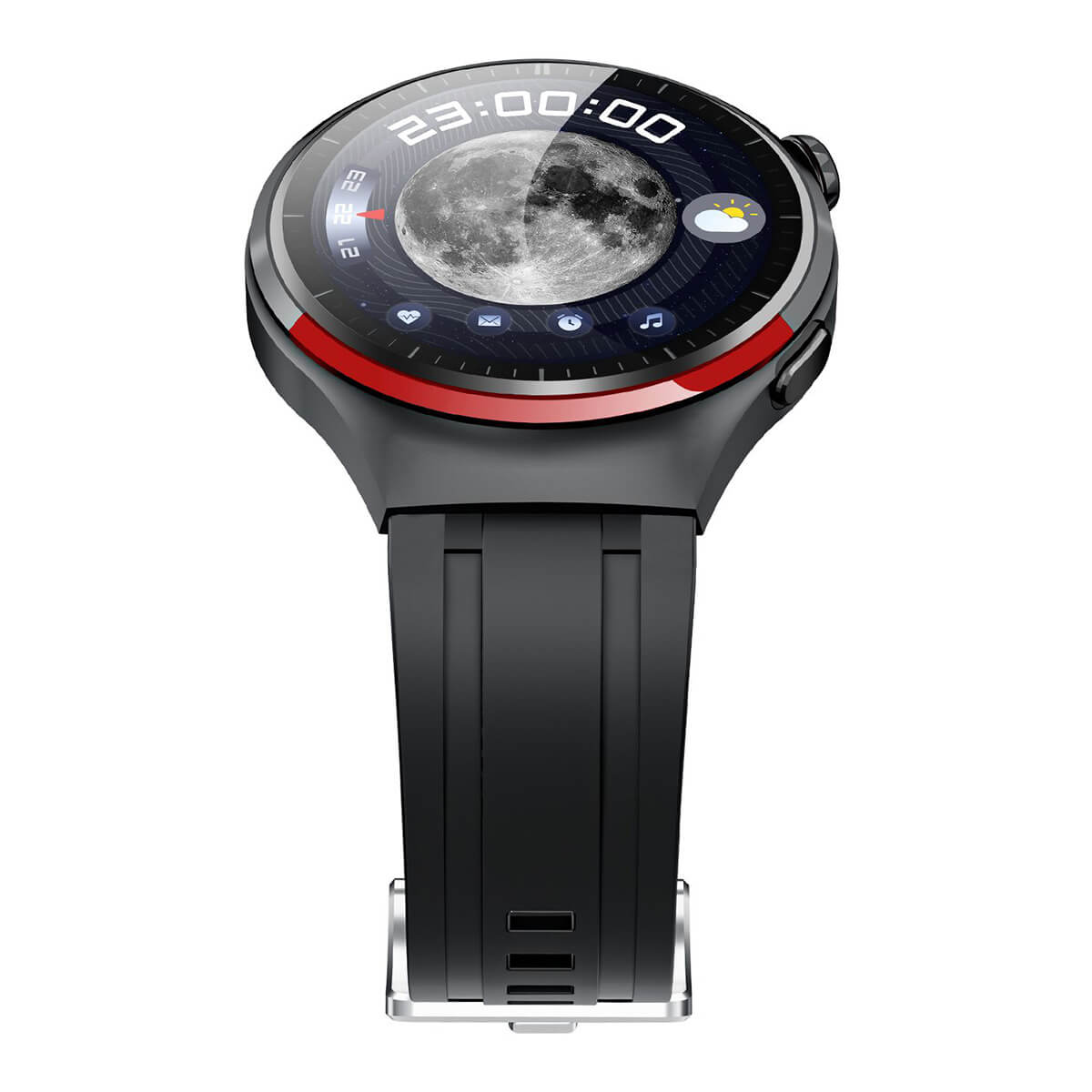 JS Watch 4 Pro+ with a high-resolution moon-themed watch face, black strap, and stylish curved display.